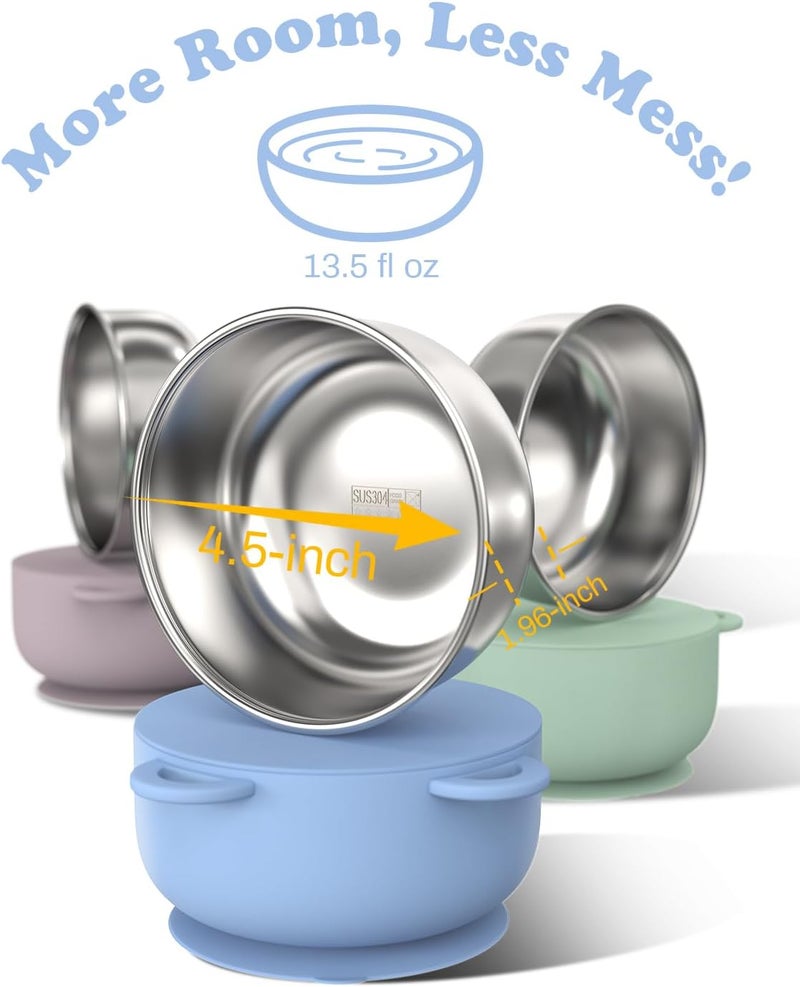 Bakpoco Baby Suction Bowls with Lids 4-Pack, 2-in-1 Stainless Steel 304 Toddler Bowl & Removable Silicone Suction Kids Bowl Plate Set Non Toxic Snack Dishes for Self-Feeding, Twilight Meadow - Image 2